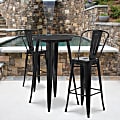 Flash Furniture Round Metal Bar Table Set With 2 Café Stools, 41"H x 24"W x 24"D, Black