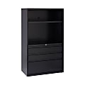 WorkPro® 36"W Lateral 3-Drawer/2-Shelf File Cabinet With Bookcase, Metal, Black