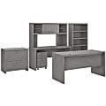Office by Kathy Ireland® Echo 60"W Bow-Front Desk, Credenza With Hutch, Bookcase And File Cabinets, Modern Gray, Standard Delivery