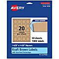 Avery® Kraft Permanent Labels With Sure Feed®, 94106-KMP50, Square, 1-1/2" x 1-1/2", Brown, Pack Of 1,000