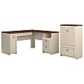 Bush Furniture Fairview 60"W L Shaped Desk And Storage Cabinet With Drawer, Antique White/Tea Maple, Standard Delivery