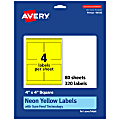 Avery® Printable Labels With Sure Feed® Technology, 94100-NYP80, Square, 4" x 4", Matte Neon Yellow, Pack of 320 1 thumbnail image