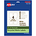 Avery® Recycled Paper Labels, 94252-EWMP25, Rectangle, 4" x 3", White, Pack Of 100