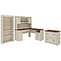 Bush Furniture Fairview 60"W L-Shaped Desk With Hutch, Lateral File Cabinet And 5-Shelf Bookcase, Antique White, Standard Delivery