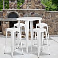 Flash Furniture Commercial-Grade Round Metal Indoor/Outdoor Bar Table Set With 4 Square-Seat Backless Stools, White
