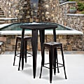 Flash Furniture Commercial-Grade Round Metal Indoor-Outdoor Bar Table Set With 2 Square-Seat Backless Stools, 41"H x 30"W x 30"D, Black/Antique Gold