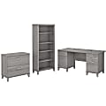 Bush Furniture 60"W Office Computer Desk With Lateral File Cabinet And 5-Shelf Bookcase, Platinum Gray, Standard Delivery