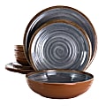 Elama Stone Oak 12-Piece Dinnerware Set, Black/Brown