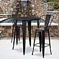 Flash Furniture Commercial-Grade Round Metal Indoor/Outdoor Bar Table Set With 2 Café Stools, 41"H x 30"W x 30"D, Black/Antique Gold