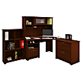 Bush Furniture Cabot Corner Desk And Hutch With Lateral File Cabinet And 6 Cube Bookcase, Harvest Cherry, Standard Delivery