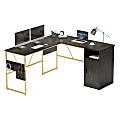 Bestier Reversible 60"W Corner Computer Desk With Storage Cabinet & Accessory Hooks, Golden Black