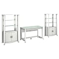 Bush Furniture Aero Writing Desk And Set of 2 Tall Library Storage Cabinets With Doors, Pure White, Standard Delivery