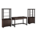Bush Furniture Buena Vista Writing Desk With Set of 2 Tall Library Storage Cabinets, Madison Cherry, Standard Delivery