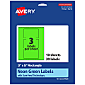 Avery® Print-To-The-Edge Labels With Sure Feed® Technology And Easy Peel® Label Feature, 94213-NGP10, Rectangle, 3" x 5", Matte Neon Green, Pack of 30