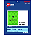 Avery® Print-To-The-Edge Labels With Sure Feed® Technology, 94502-NGP40, Round, 2-1/2", Matte Neon Green, Pack of 360 1 thumbnail image