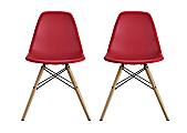 DHP Mid-Century Modern Molded Chairs With Wood Legs, Red/Birch, Set Of 2