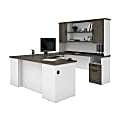 Bestar Norma 71"W U- Or L-Shaped Executive Corner Desk With Hutch, Walnut Gray/White