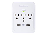 CyberPower CSP300WUR1 Professional 3 - Outlet Surge with 600 J - Clamping Voltage 800V, NEMA 5-15P, Wall Tap, 15 Amp, 2 - 2.4 Amps (Shared) USB, EMI/RFI Filtration, White, Lifetime Warranty