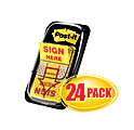 Post-it® Message Flags, "Sign Here", 1" x 1-11/16", Yellow, 50 Flags Per Pad, Pack Of 24 Pads