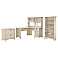 Bush Furniture Salinas 60"W L Shaped Desk with Hutch, Lateral File Cabinet and 5 Shelf Bookcase, Antique White, Standard Delivery