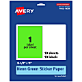 Avery® Printable Sticker Paper, 94269-NGP10, Rectangle, 8-1/2" x 11", Matte Neon Green, Pack of 10 1 thumbnail image