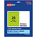 Avery® Print-To-The-Edge Labels With Sure Feed® Technology And Easy Peel® Label Feature, 94509-BGP20, Round, 1-3/4", Matte Bright Green, Pack of 400 1 thumbnail image
