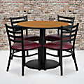 Flash Furniture Round Laminate Table Set With Round Base And 4 Ladder-Back Metal Chairs, 30"H x 36"W x 36"D, Natural/Burgundy