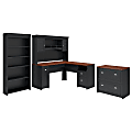 Bush Business Furniture Fairview 60"W L-Shaped Corner Desk With Hutch, Lateral File Cabinet And 5-Shelf Bookcase, Antique Black, Standard Delivery