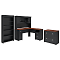 Bush Furniture Fairview 60"W L-Shaped Desk With Hutch, Lateral File Cabinet And 5-Shelf Bookcase, Antique Black, Standard Delivery
