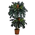 Nearly Natural Double Sago Palm Artificial Tree With Basket, 60”H x 36”W x 36”D, Green/Brown