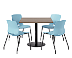 KFI Studios Proof Cafe Pedestal Table With Imme Chairs, Square, 29”H x 42”W x 42”W, Studio Teak Top/Black Base/Sky Blue Chairs