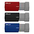 PNY USB 3.0 Flash Drives, 64GB, Assorted Colors, Pack Of 3 Drives