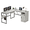 Bestier Reversible 60"W Corner Computer Desk With Storage Cabinet & Accessory Hooks, White Wash