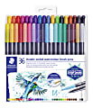 Staedtler Duo-Ended Markers, Watercolor, Brush Tip/Fine Tip, Black Barrels, Assorted Ink Colors, Pack Of 36 Markers