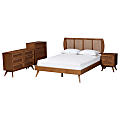 Baxton Studio Asami Mid-Century Modern Finished Wood/Woven Rattan 4-Piece Bedroom Set, Queen Size, Walnut Brown