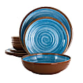 Elama Rippled Tides 12-Piece Dinnerware Set, Blue/Brown