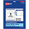 Avery® Glossy Permanent Labels With Sure Feed®, 94502-WGP100, Round, 2-1/2" Diameter, White, Pack Of 900