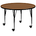 Flash Furniture Mobile Round Thermal Laminate Activity Table With Height-Adjustable Short Legs, 25-3/8"H x 48"W x 48"D, Oak