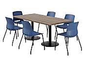 KFI Studios Proof Rectangle Pedestal Table With Imme Chairs, 31-3/4”H x 72”W x 36”D, Studio Teak Top/Black Base/Navy Chairs