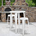 Flash Furniture Commercial-Grade Round Metal Indoor/Outdoor Bar Table Set With 2 Square-Seat Backless Stools, White