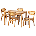 Baxton Studio Haviland Mid-Century Modern Finished Wood/Rattan 5-Piece Dining Set, 29-15/16"H x 43-5/16"W x 27-5/8"D, Oak Brown/Light Brown