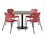 KFI Studios Proof Cafe Pedestal Table With Imme Chairs, Square, 29”H x 42”W x 42”W, Studio Teak Top/Black Base/Coral Chairs