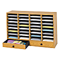 Safco® Adjustable Wood Literature Organizer, 25 3/8"H x 39 3/8"W x 11 3/4"D, 32 Compartments, 2 Drawers, Oak