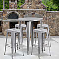 Flash Furniture Commercial-Grade Round Metal Indoor/Outdoor Bar Table Set With 4 Square-Seat Backless Stools, Silver