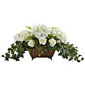 Nearly Natural Hydrangea & Roses 17”H Artificial Floral Arrangement With Metal Planter, 17”H x 33”W x 16”D, White