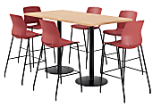 KFI Studios Proof Bistro Rectangle Pedestal Table With 6 Imme Barstools, 43-1/2"H x 72"W x 36"D, Maple/Black/Coral Stools