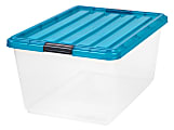 IRIS® Buckle Down Plastic Storage Container With Built-In Handles And Snap Lid, 44 Quarts, 21 3/4" x 15 3/4" x 10 5/8", Clear/Blue