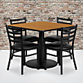 Flash Furniture Square Laminate Table Set With Round Base And 4 Ladder Back Metal Chairs, 30"H x 36"W x 36"D, Natural/Black