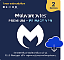 Malwarebytes Premium + Privacy VPN, For 2 Devices, 1-Year Subscription, For Windows®/Mac/Android, Download