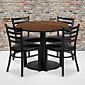 Flash Furniture Round Laminate Table Set With Round Base And 4 Ladder-Back Metal Chairs, 30"H x 36"W x 36"D, Walnut/Black